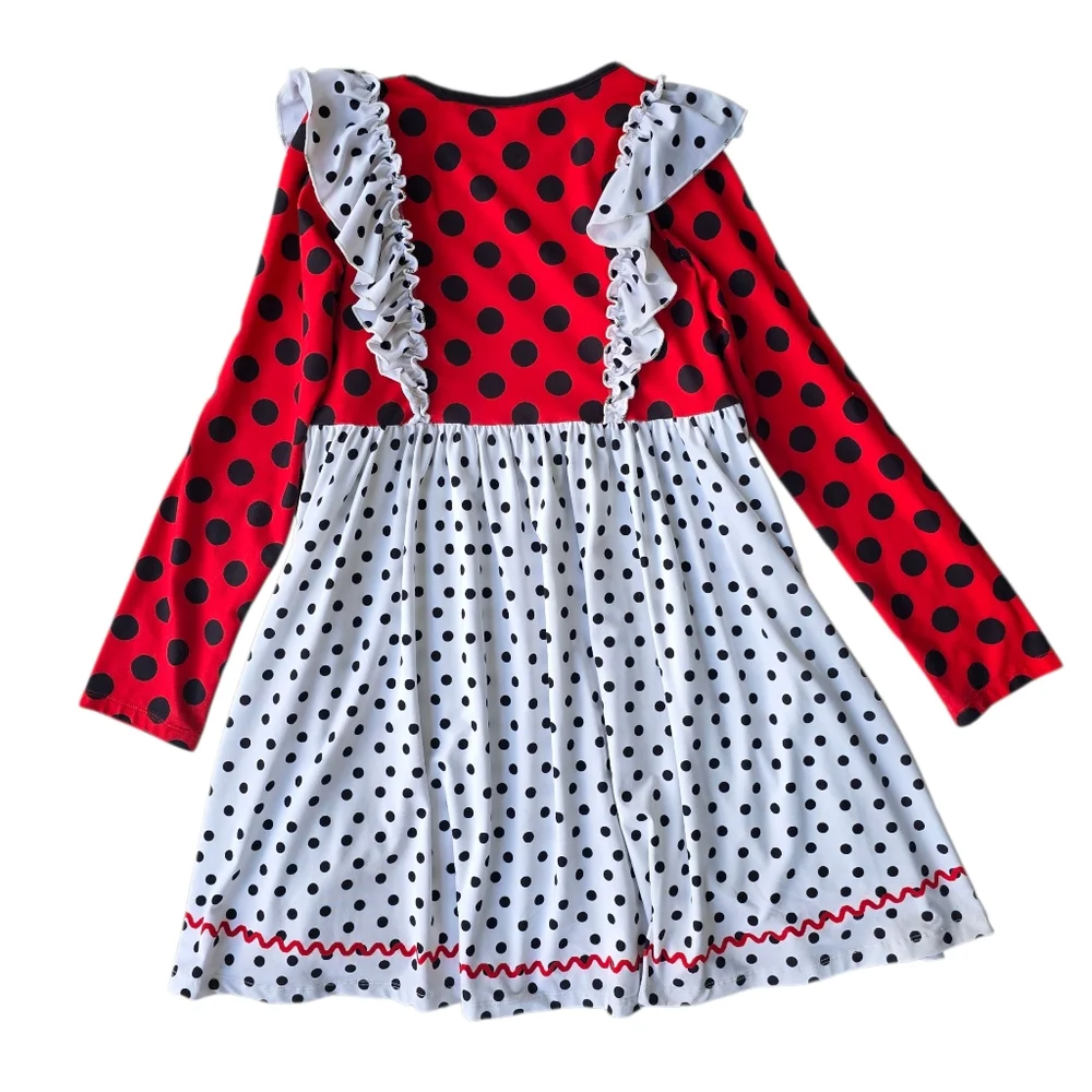 Penelope Plumm Red and White Polka Dot Ladybug Dress Long Sleeve Ruffles Size 12